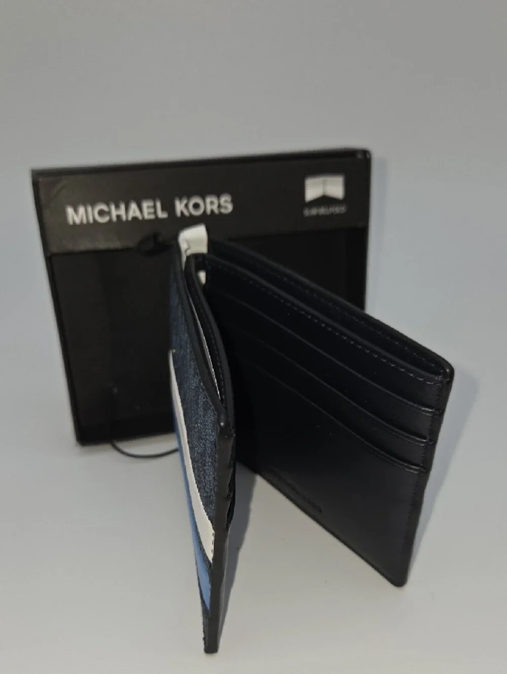 Michael Kors Black Wallet with White & Blue Stripes